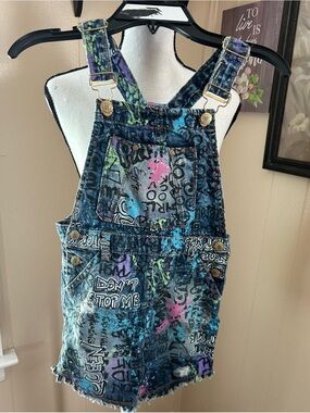 Girls' Multi-Color Graffiti Denim Short Overalls